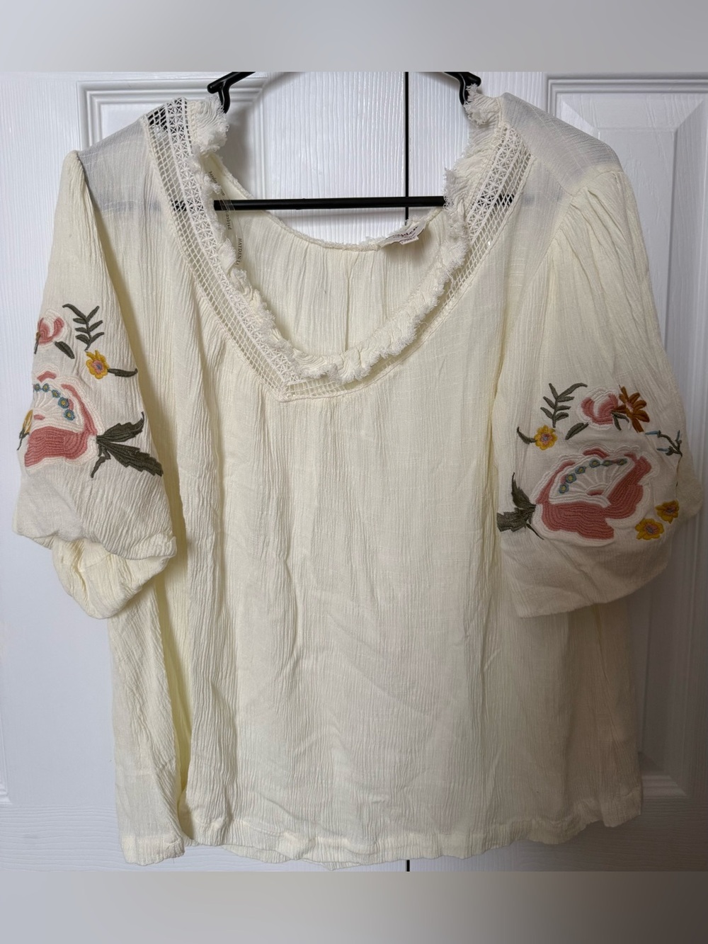 Hayden Cream Peasant Blouse with Pink & Green Floral Embroidery Top Short Sleeve
